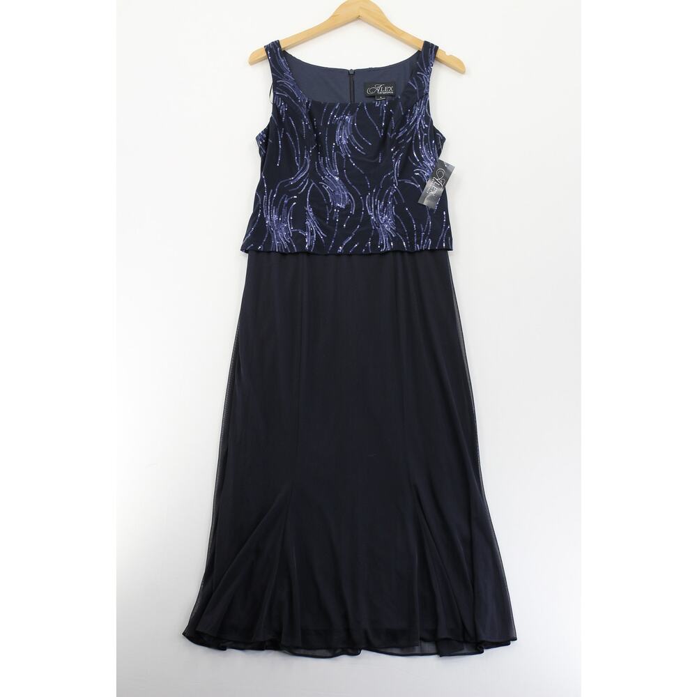 NWT Alex Evenings navy blue tank top‎ embellished midi dress womens 8 event glam